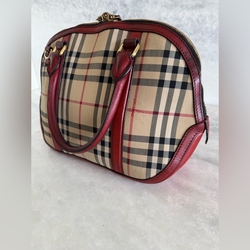 BURBERRY Vintage Haymarket Check Satchel with Red Leather Trim Handbag - Picture 5 of 17